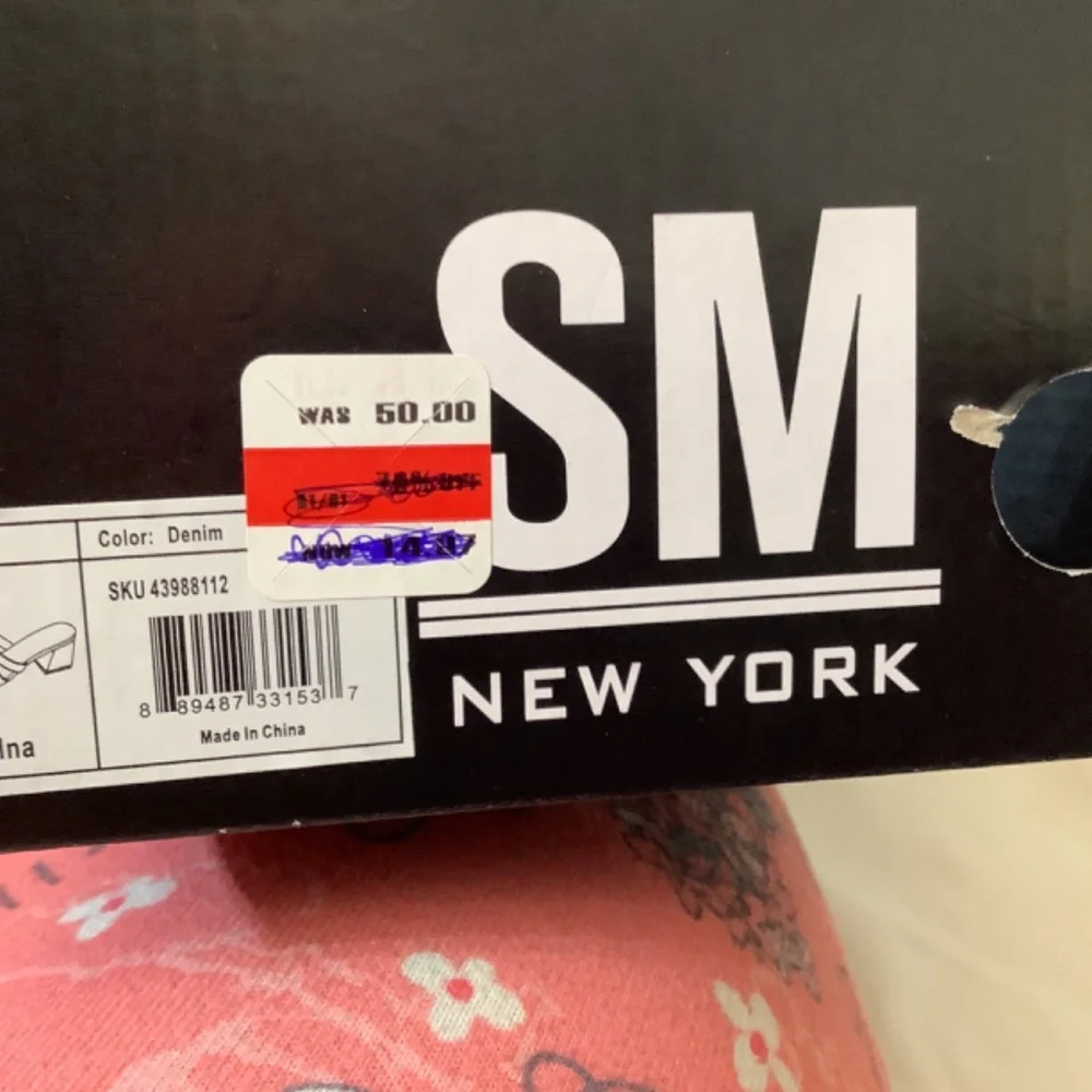 NWOT SM New York Denim blue slip ons‎ chunky heel open toe